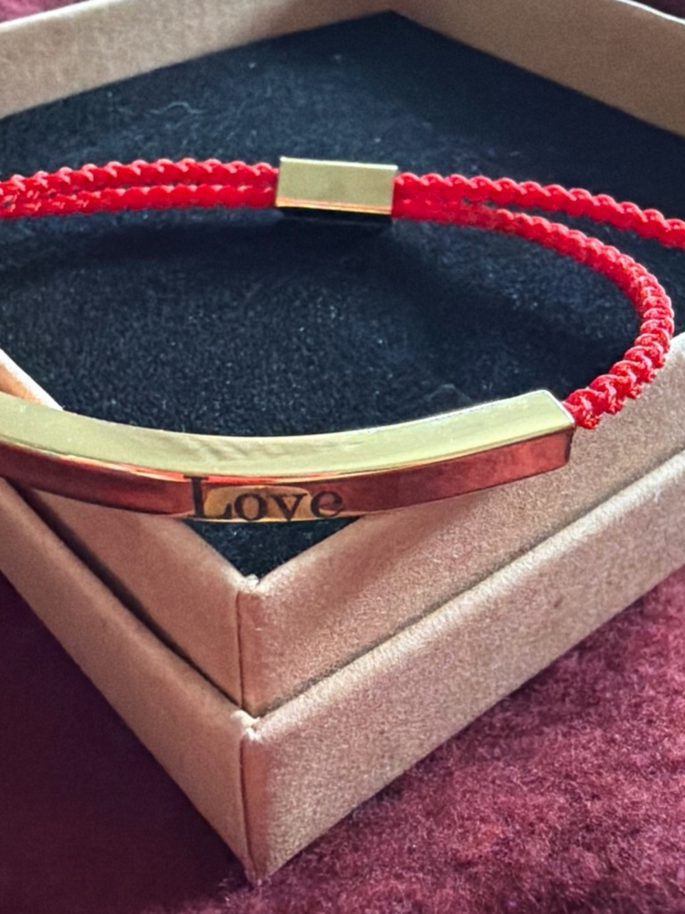 NEW Gold 'Love' Bar Bracelet with Red Cord